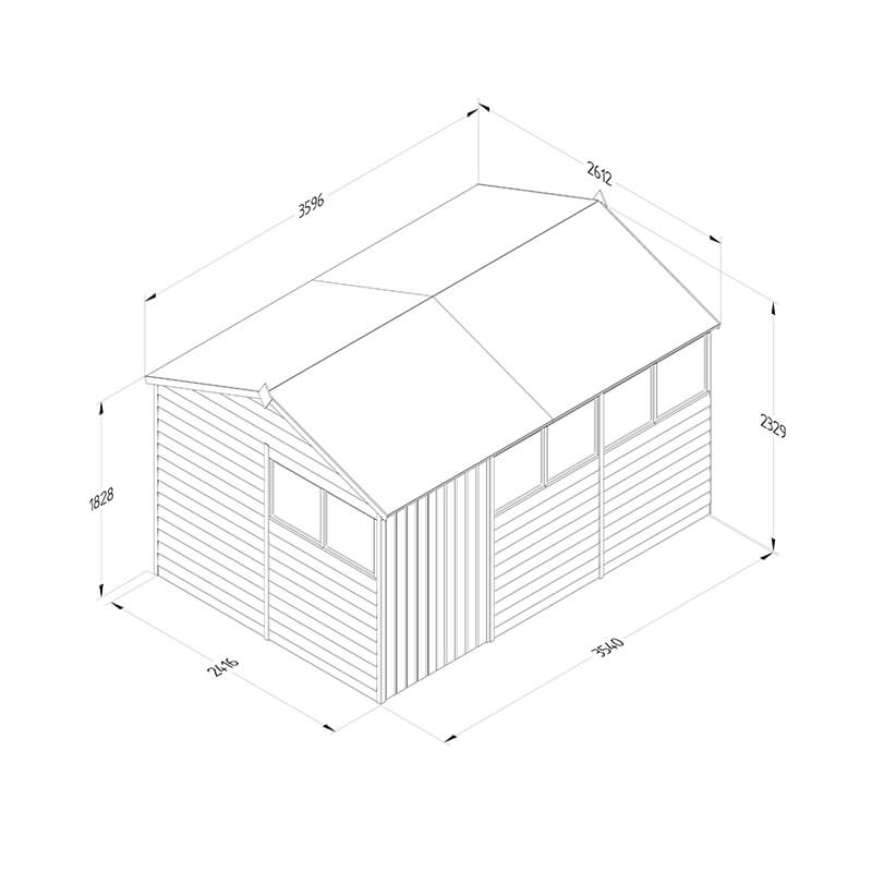 12' x 8' Forest 4Life 25yr Guarantee Overlap Pressure Treated Double Door Reverse Apex Wooden Shed - 6 Windows (3.6m x 2.61m) Technical Drawing