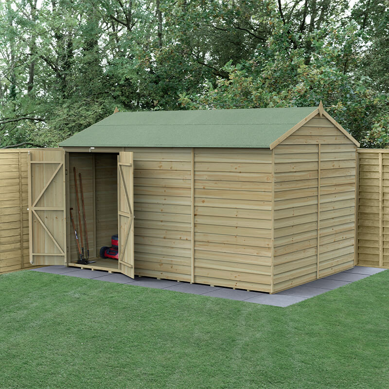 Product photograph of 12 X 8 Forest 4life 25yr Guarantee Overlap Pressure Treated Windowless Double Door Reverse Apex Wooden Shed 3 6m X 2 61m from Buy Sheds Direct