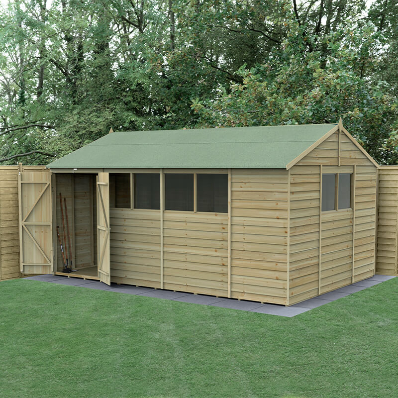 Product photograph of 15 X 10 Forest 4life 25yr Guarantee Overlap Pressure Treated Double Door Apex Wooden Shed - 6 Windows 4 48m X 3 21m from Buy Sheds Direct