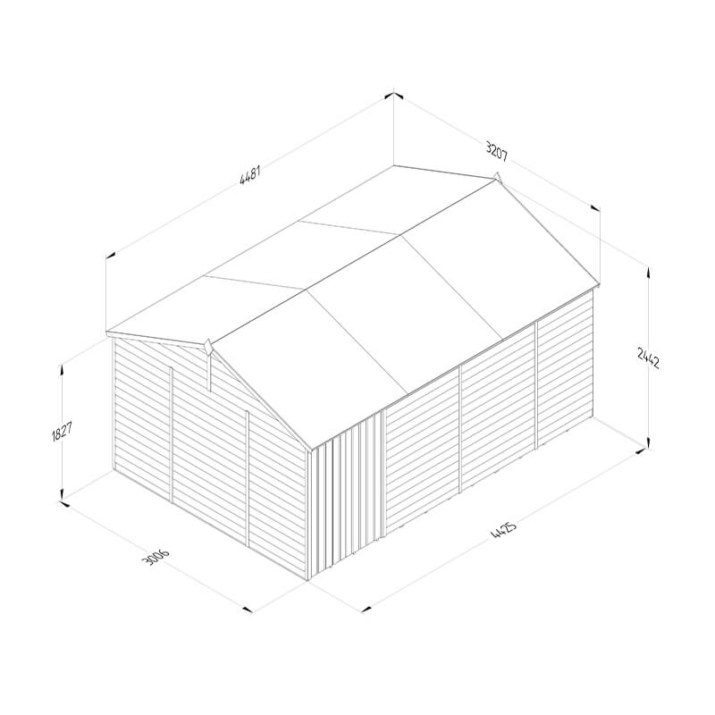 15' x 10' Forest 4Life 25yr Guarantee Overlap Pressure Treated Windowless Double Door Reverse Apex Wooden Shed (4.48m x 3.21m) Technical Drawing