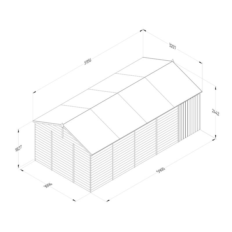 20' x 10' Forest 4Life 25yr Guarantee Overlap Pressure Treated Windowless Double Door Reverse Apex Wooden Shed (5.96m x 3.21m) Technical Drawing