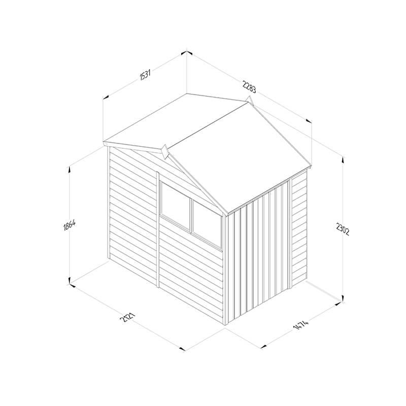 7' x 5' Forest 4Life 25yr Guarantee Overlap Pressure Treated Double Door Reverse Apex Wooden Shed (2.28m x 1.53m) Technical Drawing