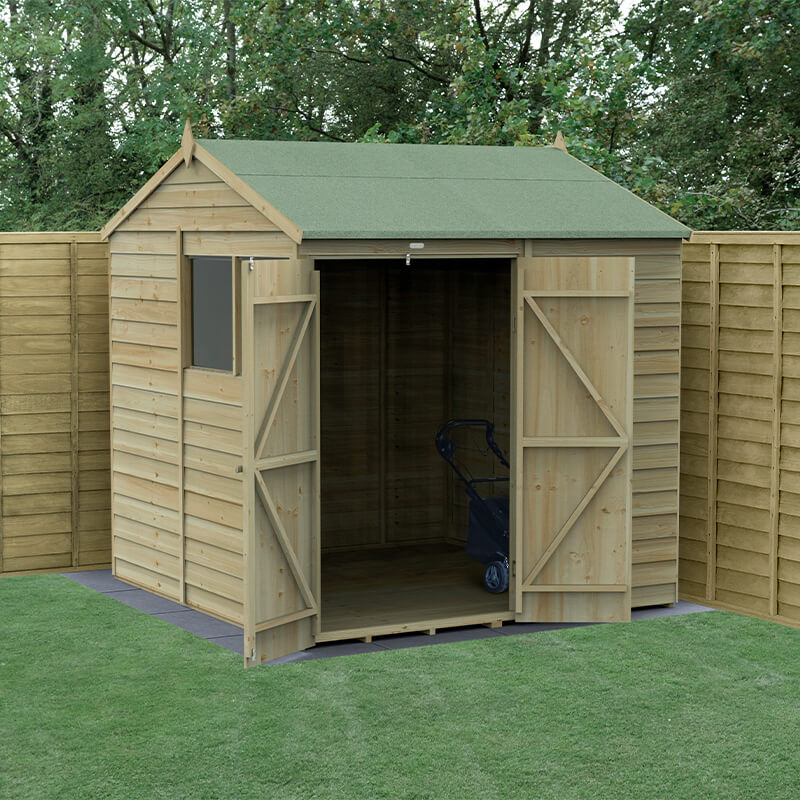 Product photograph of 7 X 7 Forest 4life 25yr Guarantee Overlap Pressure Treated Double Door Reverse Apex Wooden Shed 2 28m X 2 12m from Buy Sheds Direct