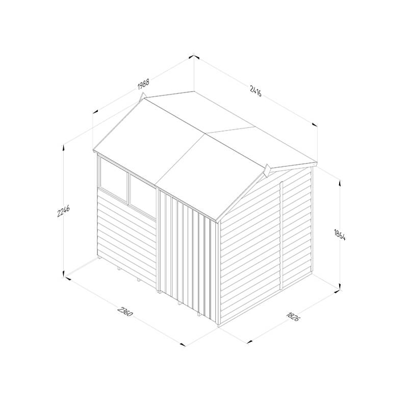 8' x 6' Forest 4Life 25yr Guarantee Overlap Pressure Treated Double Door Reverse Apex Wooden Shed (2.42m x 1.99m) Technical Drawing