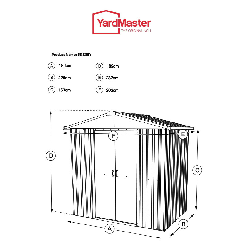 8' x 6' Yardmaster Silver Metal Shed (2.02m x 2.37m) Technical Drawing