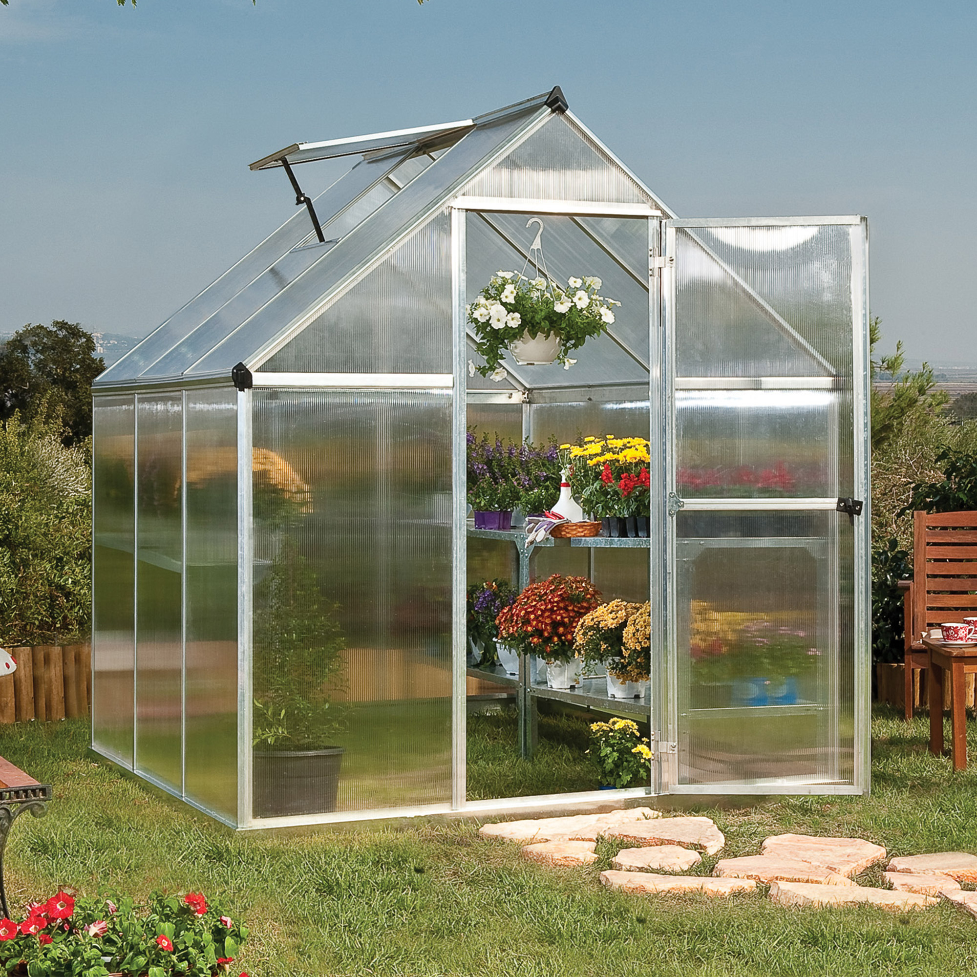 Product photograph of 6 X6 Palram Canopia Mythos Small Silver Polycarbonate Greenhouse 1 8x1 8m from Buy Sheds Direct