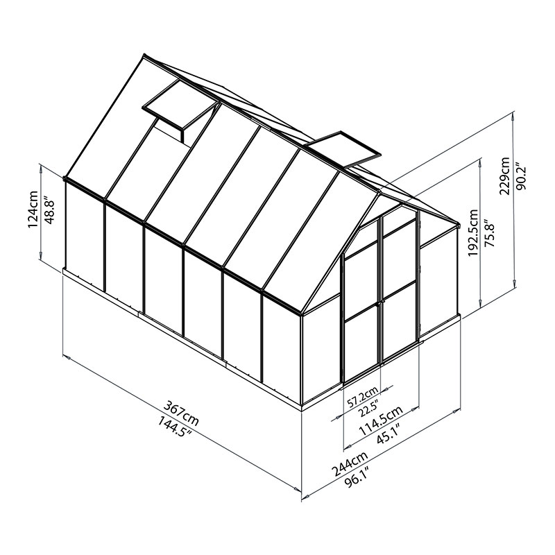 8'x12' Palram Canopia Essence Large Walk In Aluminium Framed Greenhouse (2.4x3.6m) Technical Drawing