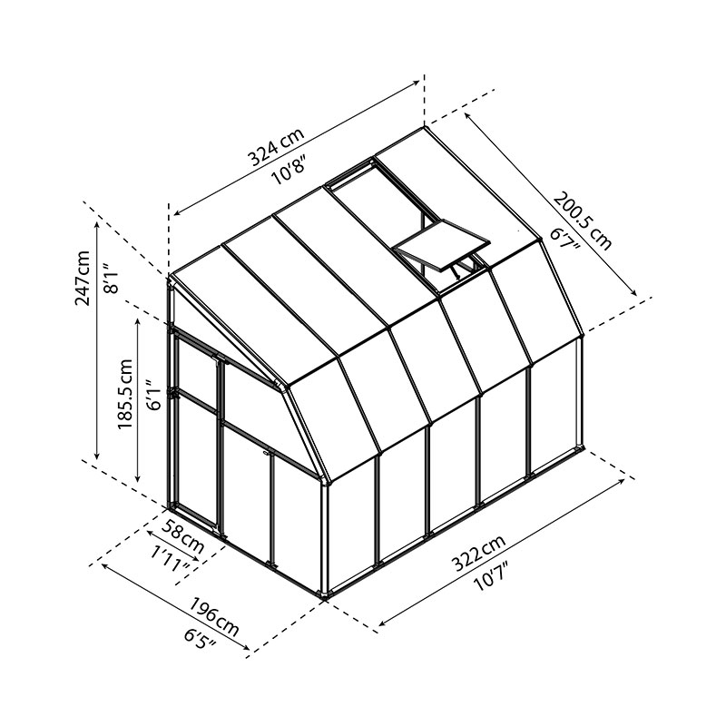 6'x10' Palram Canopia Rion White Sun Room Walk In Wall Greenhouse (1.8x3m) Technical Drawing