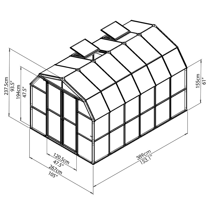 8'x12' Palram Canopia Rion Grand Gardener Large Polycarbonate Greenhouse (2.4x3.6m) Technical Drawing