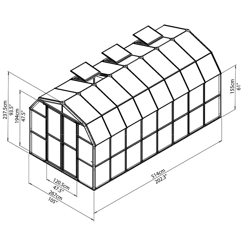 8'x16' Palram Canopia Rion Grand Gardener Large Polycarbonate Greenhouse (2.4x4.8m) Technical Drawing