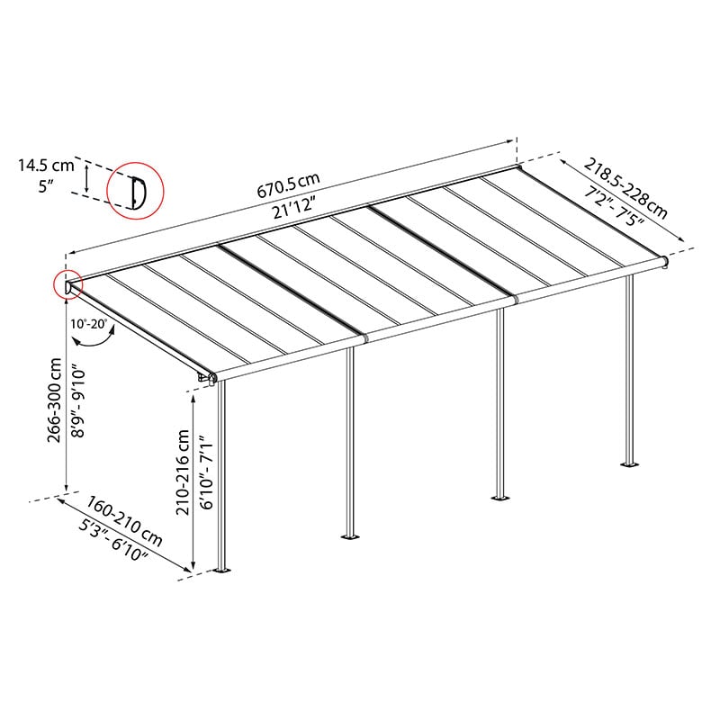 7' x 22' Palram Canopia Sierra White Clear Patio Cover (2.28m x 6.71m) Technical Drawing