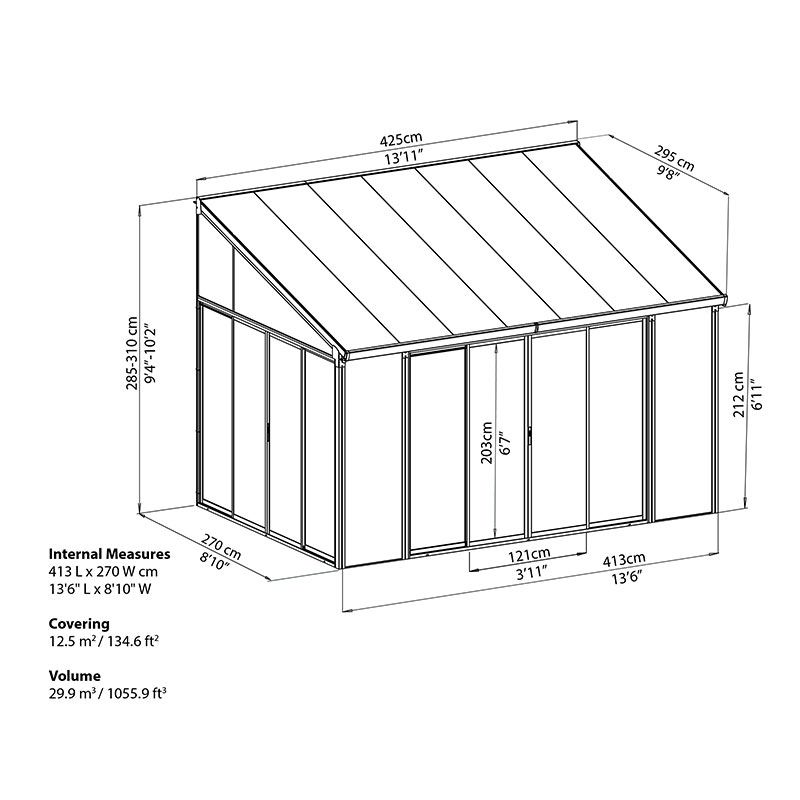 10x14 Palram Canopia SanRemo Grey Lean-To Conservatory Technical Drawing