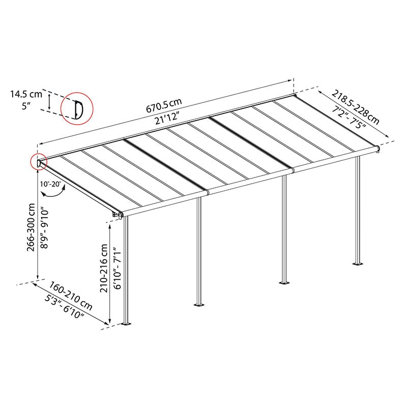 7' x 22' Palram Canopia Sierra Grey Clear Patio Cover (2.28m x 6.71m) Technical Drawing
