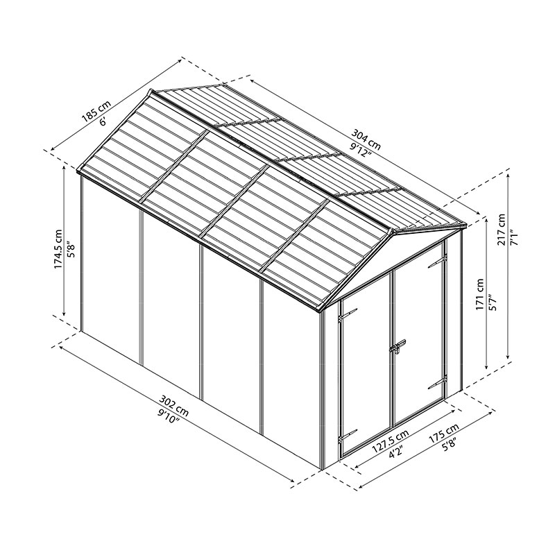 6' x 10' Palram Canopia Rubicon Double Door Plastic Garden Shed - Dark Grey (1.85m x 3m) Technical Drawing