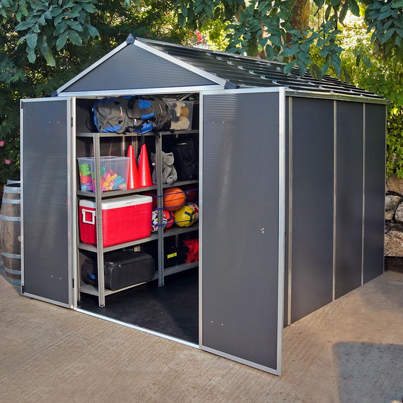 Product photograph of 6 X 10 Palram Canopia Rubicon Double Door Plastic Garden Shed - Dark Grey 1 85m X 3m from Buy Sheds Direct