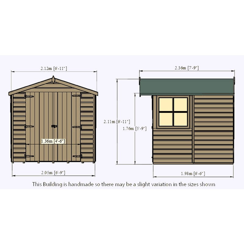 7' x 7' Shire Overlap Double Door Wooden Garden Shed with Opening Window (2.2m x 2.33m) Technical Drawing