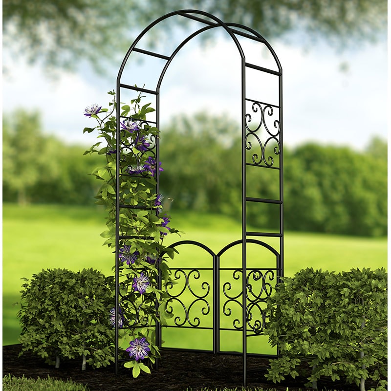 Product photograph of Panacea Scrolls Metal Garden Arch With Gate 7 5 X 3 2 from Buy Sheds Direct