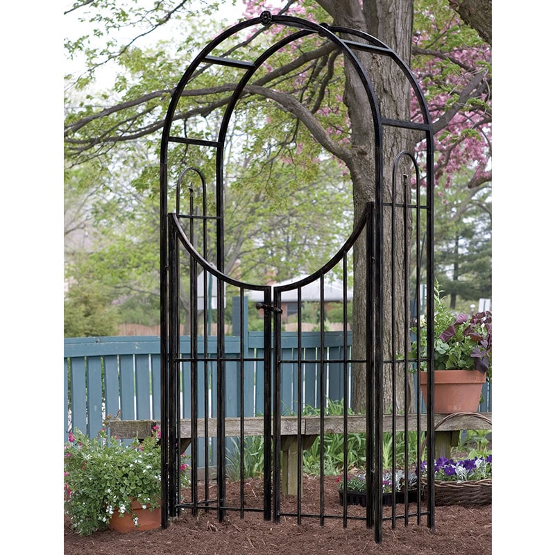 Product photograph of Panacea Sunset Metal Garden Arch With Gate - Black 7 5 X 4 1 from Buy Sheds Direct