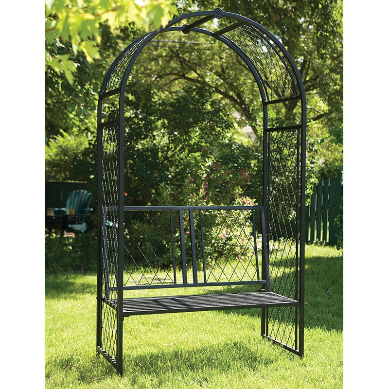 Product photograph of Panacea Twisted Lattice Metal Garden Arch With Seat 7 3 X 3 9 from Buy Sheds Direct