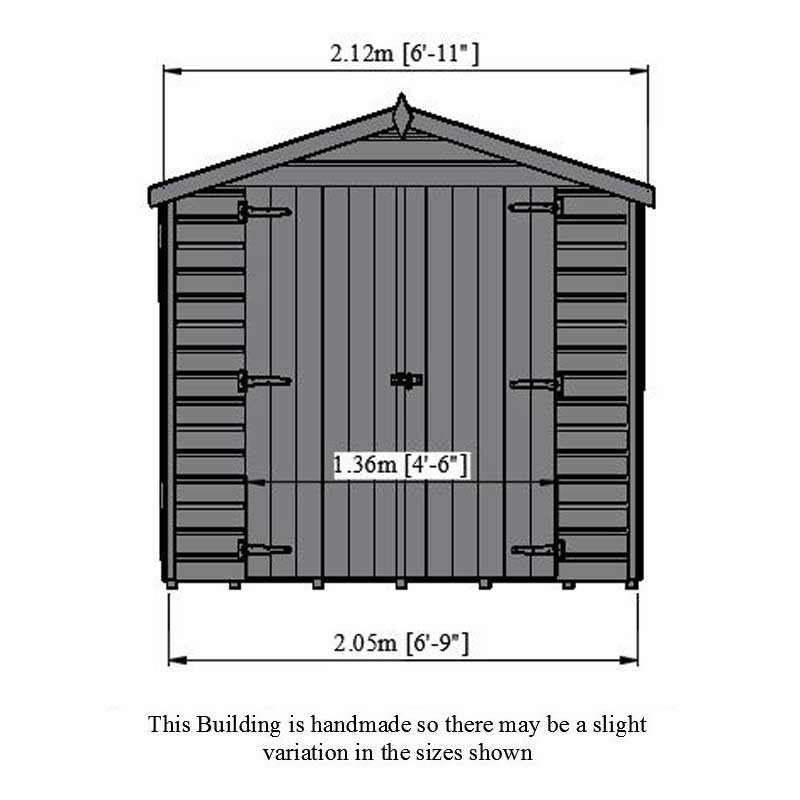6'9 x 6'6 Shire Alderney Double Door Wooden Garden Shed (2.05m x 1.98m) Technical Drawing