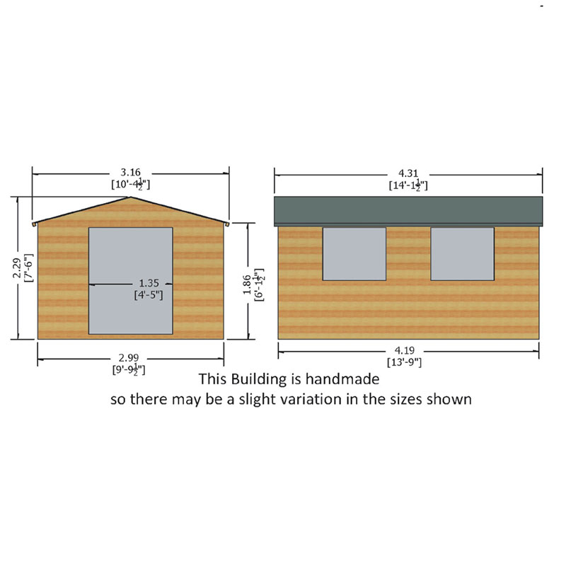 14' x 10' Shire Bison Heavy Duty Double Door Wooden Workshop (4.31m x 3.16m) Technical Drawing