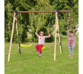 Trigano Piki Kids Wooden Double Garden Swing with Rope Ladder 