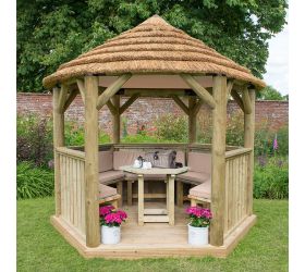 10'x9' (3x2.7m) Luxury Wooden Furnished Garden Gazebo with Thatched Roof - Seats up to 10 people