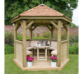 10'x9' (3x2.7m) Luxury Wooden Furnished Garden Gazebo with New England Cedar Roof - Seats up to 10 people