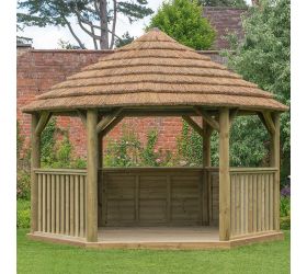 15'x13' (4.7x4m) M&M Hexagonal Gazebo with Country Thatch Roof (Inc. Cream Roof Lining)