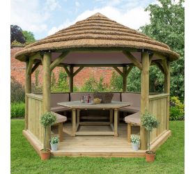 13'x12' (4x3.5m) Luxury Wooden Furnished Garden Gazebo with Country Thatch Roof - Seats up to 15 people