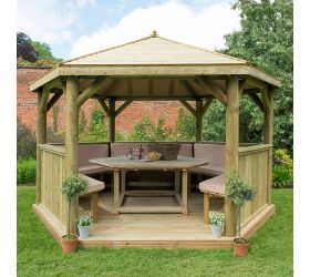 13'x12' (4x3.5m) Luxury Wooden Furnished Garden Gazebo with Traditional Timber Roof - Seats up to 15 people