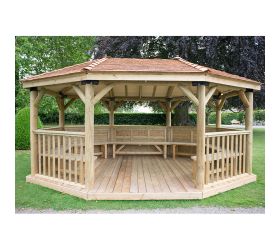 17'x12' (5.1x3.6m) Premium Oval Furnished Wooden Garden Gazebo with New England Cedar Roof - Seats up to 22 people