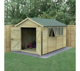 12' x 8' Forest Timberdale 25yr Guarantee Tongue & Groove Pressure Treated Double Door Apex Shed – 4 Windows (3.65m x 2.52m)