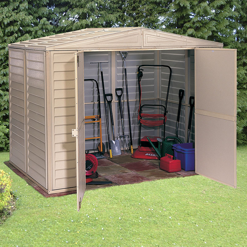 Product photograph of 8 X 5 3 Saffron Plastic Vinyl Apex Shed Includes Foundation Kit And Skylight 2 39m X 1 6m from Buy Sheds Direct