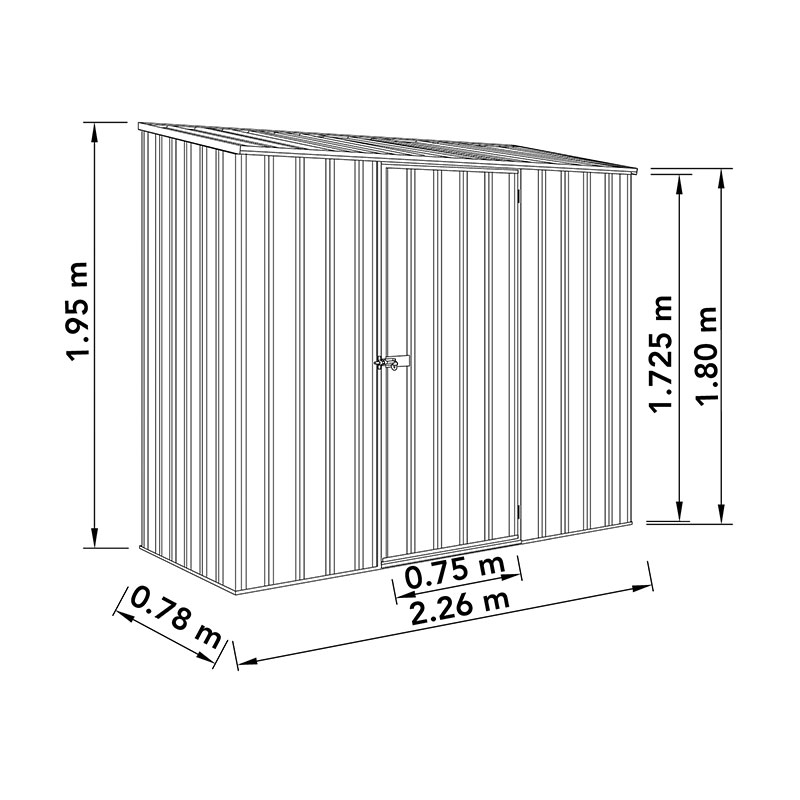7'5 x 2'7 Absco Space Saver Pent Metal Shed - Pale Eucalyptus (2.26m x 0.79m) Technical Drawing