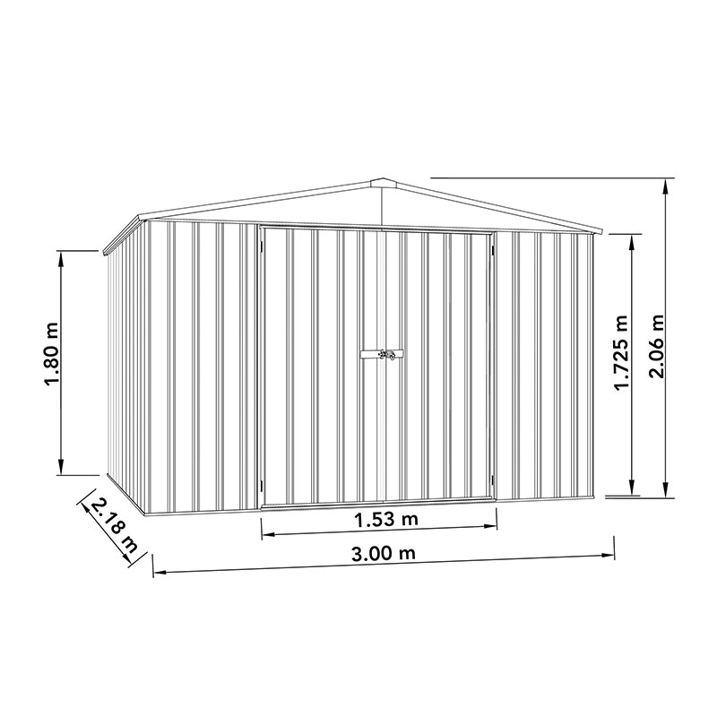 10' x 7' Absco Regent Double Door Metal Shed - Grey (3m x 2.18m) Technical Drawing