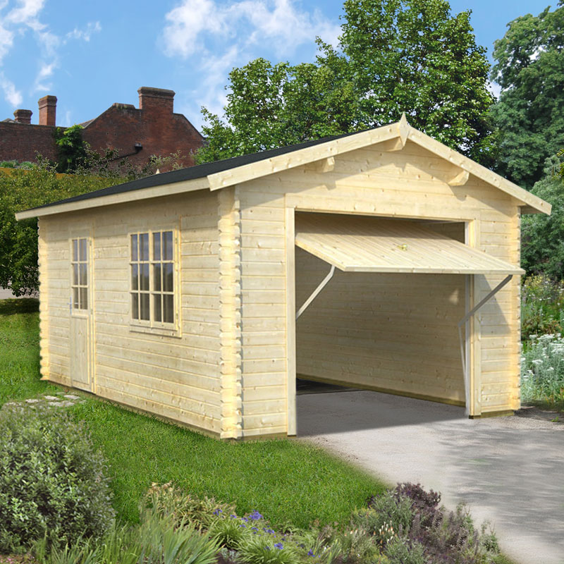 Product photograph of Palmako Roger 3 6m X 5 5m Log Cabin Single Garage 44mm - Up And Over Door from Buy Sheds Direct