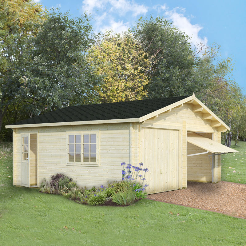Product photograph of Palmako Roger 5 7m X 5 1m Log Cabin Double Garage 44mm - Up And Over Door from Buy Sheds Direct