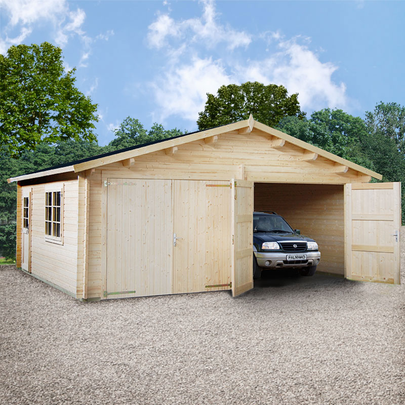 Product photograph of Palmako Roger 5 7m X 5 1m Log Cabin Double Garage 44mm - Double Doors from Buy Sheds Direct