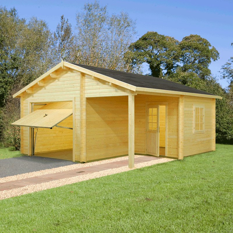 Product photograph of Palmako Roger 5 1m X 5 5m Log Cabin Garage 44mm - Up And Over Door from Buy Sheds Direct