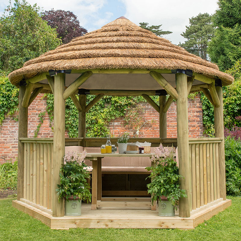 Product photograph of 12 X10 3 6x3 1m Luxury Wooden Furnished Garden Gazebo With Country Thatch Roof - Seats Up To 10 People from Buy Sheds Direct