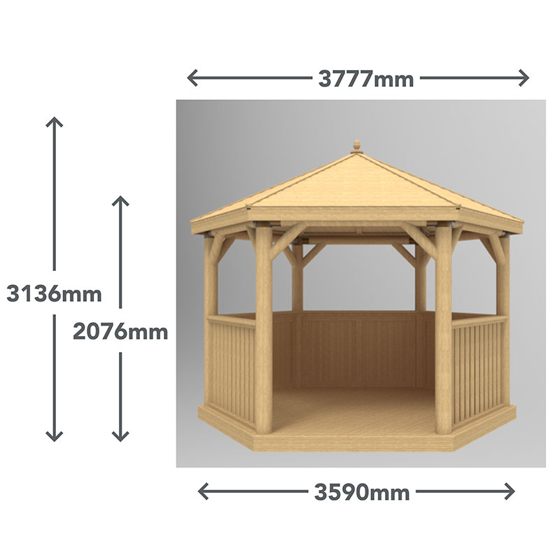 12'x10' (3.6x3.1m) Luxury Wooden Garden Gazebo with Thatched Roof - Seats up to 10 people Technical Drawing