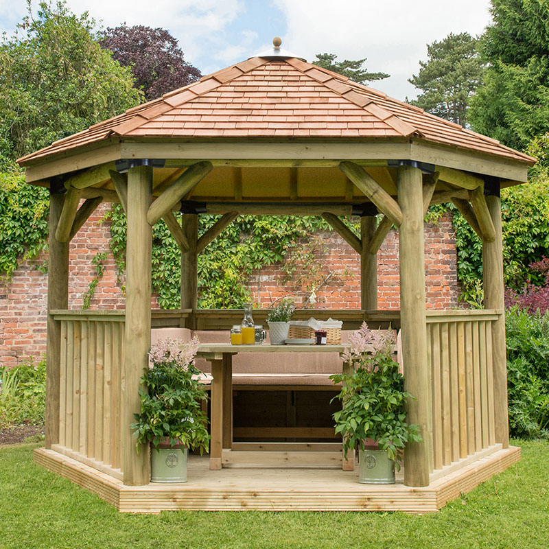 Product photograph of 12 X10 3 6x3 1m Luxury Wooden Furnished Garden Gazebo With New England Cedar Roof - Seats Up To 10 People from Buy Sheds Direct