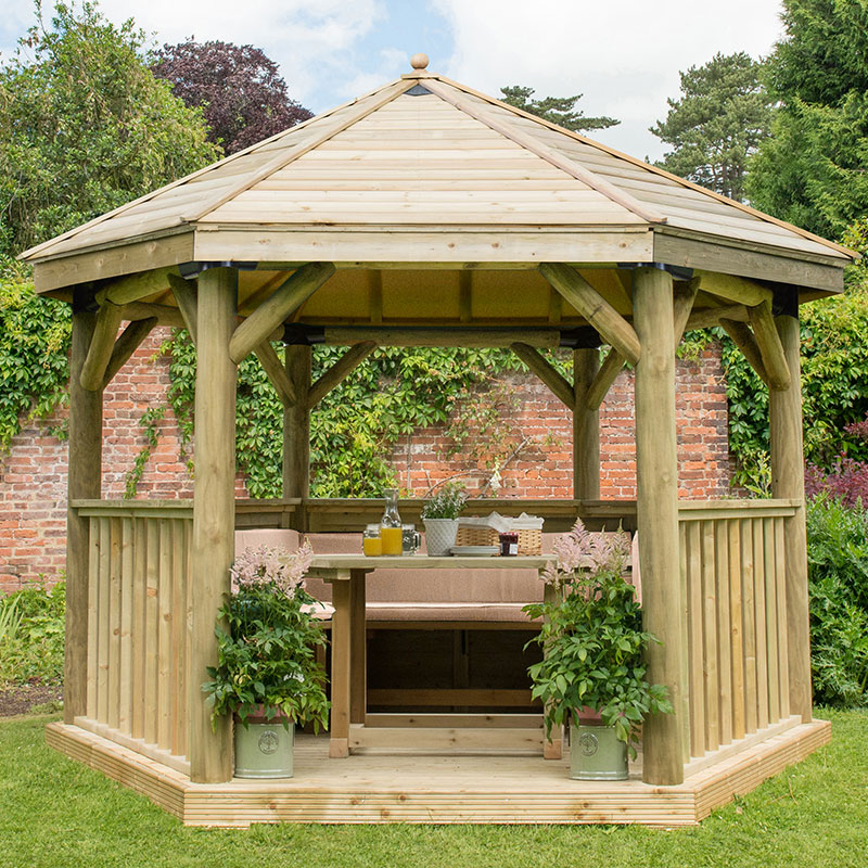 Product photograph of 12 X10 3 6x3 1m Luxury Wooden Furnished Garden Gazebo With Traditional Timber Roof - Seats Up To 10 People from Buy Sheds Direct
