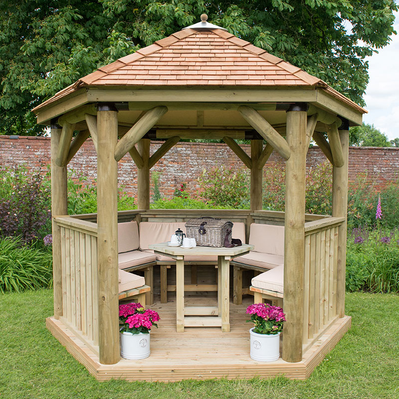 Product photograph of 10 X9 3x2 7m Luxury Wooden Furnished Garden Gazebo With New England Cedar Roof - Seats Up To 10 People from Buy Sheds Direct
