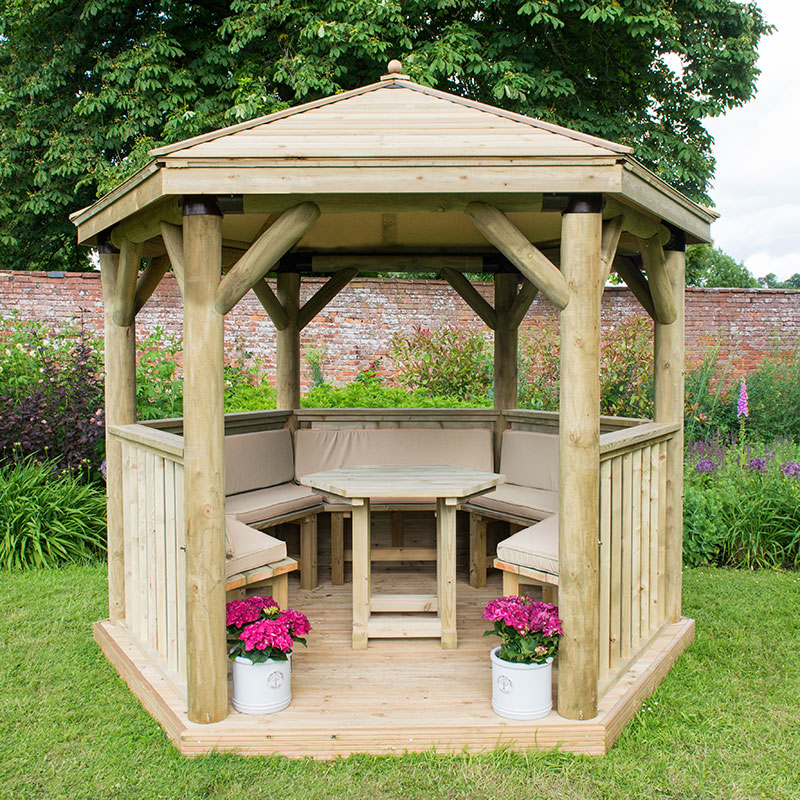 Product photograph of 10 X9 3x2 7m Luxury Wooden Furnished Garden Gazebo With Traditional Timber Roof - Seats Up To 10 People from Buy Sheds Direct