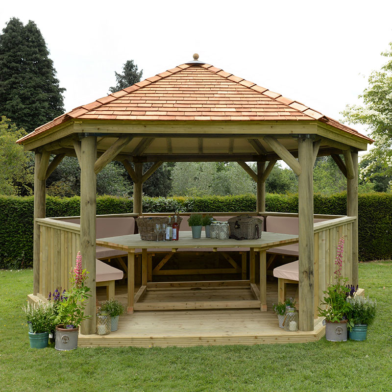 Product photograph of 15 X13 4 7x4m Luxury Wooden Furnished Garden Gazebo With New England Cedar Roof - Seats Up To 19 People from Buy Sheds Direct