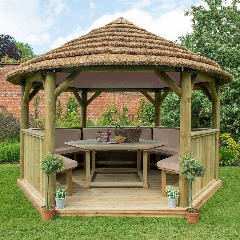 Product photograph of 13 X12 4x3 5m Luxury Wooden Furnished Garden Gazebo With Country Thatch Roof - Seats Up To 15 People from Buy Sheds Direct