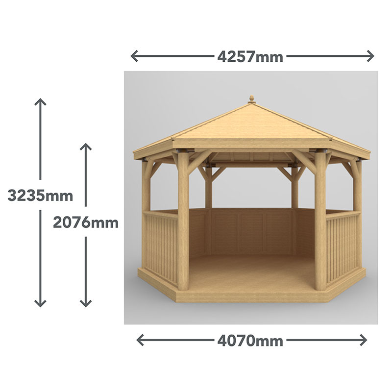 13'x12' (4x3.5m) Luxury Wooden Garden Gazebo with Thatched Roof - Seats up to 15 people Technical Drawing