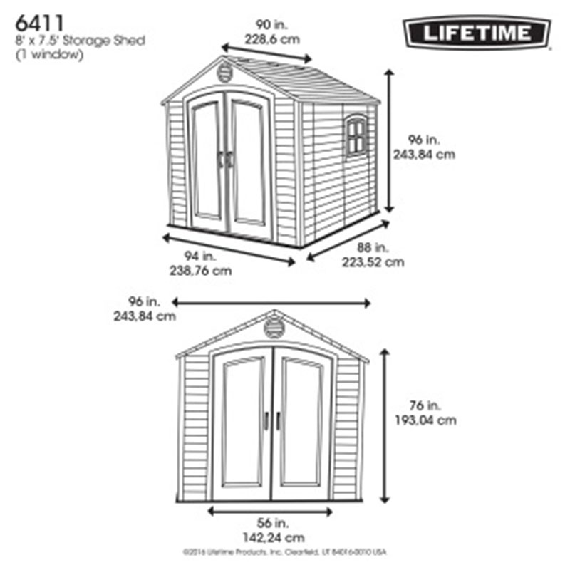 8' x 7.5' Lifetime Special Edition Heavy Duty Plastic Shed (2.43m x 2.28m) Technical Drawing